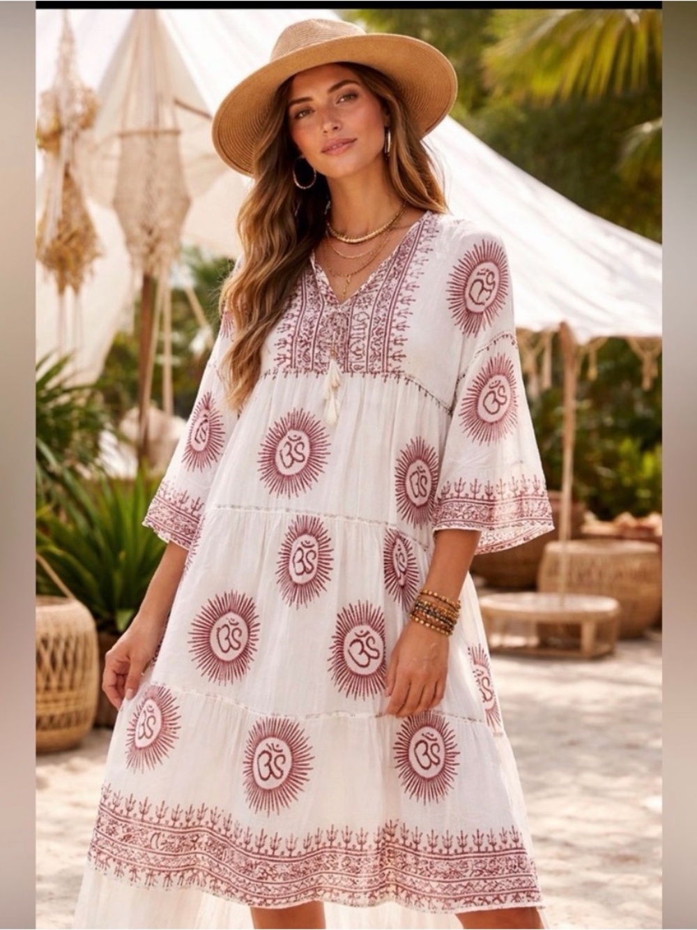 NWT RHEA Boho Om Symbol - Spiritual Tiered Midi Kaftan Hippie Yoga Vibes